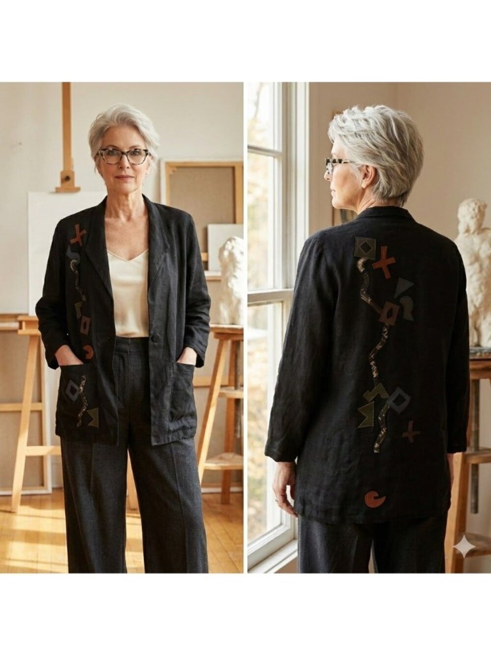 Vtg 90s Beppa Size XS Art To Wear Jacket Applique Linen Lagenlook Black Womens